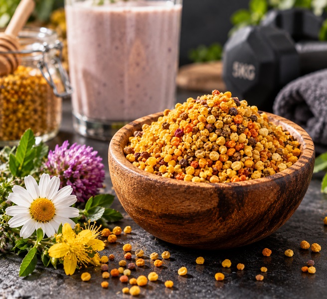 دانه‌های تازه و رنگارنگ گرده گل طبیعی درون کاسه جهت تأمین انرژی و بدنسازی