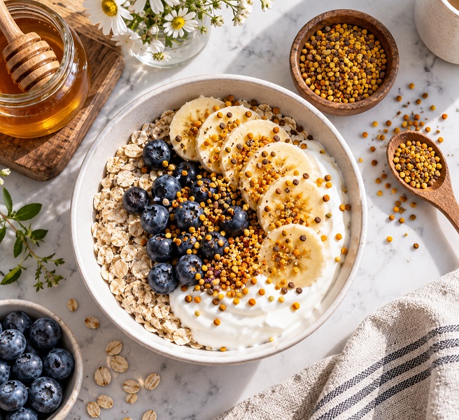 کاسه اوتمیل و ماست میوهای تزیینشده با گرده زنبور عسل برای تأمین انرژی روزانه