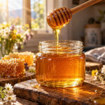 شیشه عسل طبیعی و ارگانیک به همراه قاشق چوبی عسل