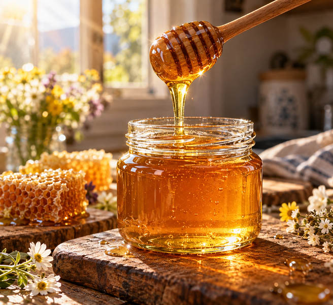 شیشه عسل طبیعی و ارگانیک به همراه قاشق چوبی عسل